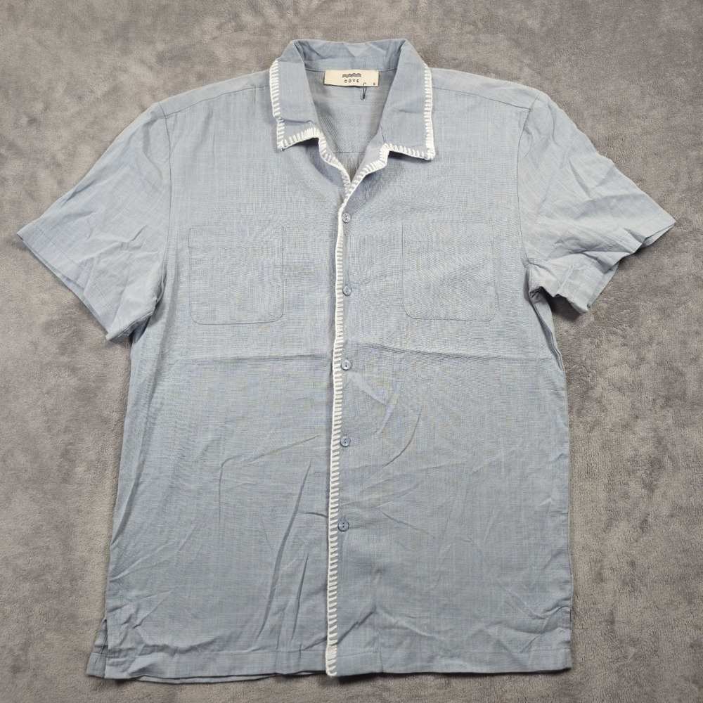 Cove Mens Small Blue Short Sleeve Camp Shirt with White Trim Resort Beach Cotton